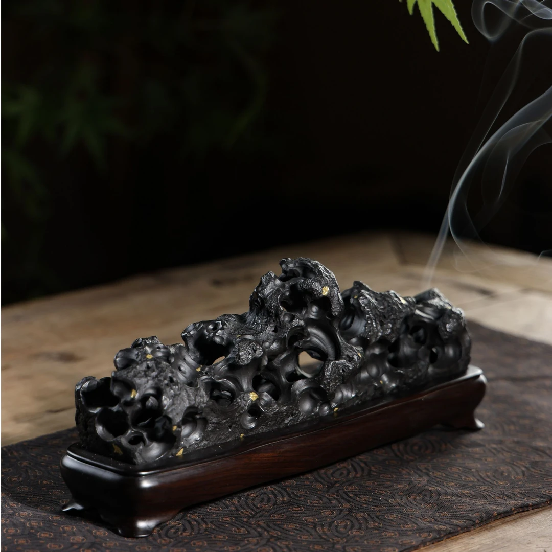 全手工紫砂 大红袍还原烧  太湖石 中式香插摆件