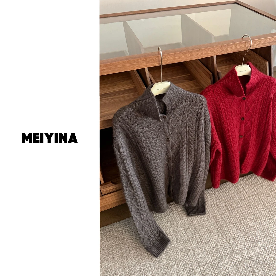 MEIYINA定制 冬野旧约  复古慵懒翻领麻花针织衫