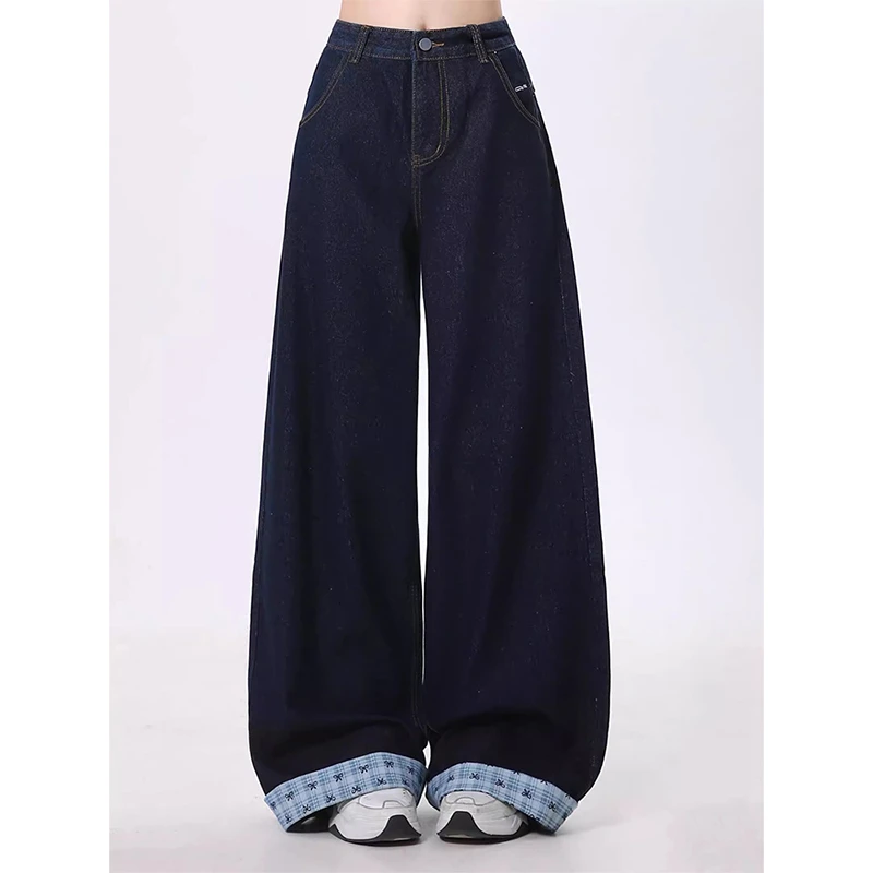 美式高街水洗阔腿牛仔裤女春季撞色格子拼接宽松垂感高腰拖地长裤