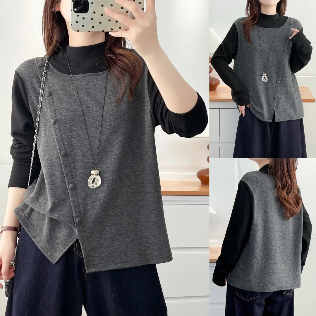 左左微胖大码女装110-200斤宽松设计感假两件慕斯绒长袖打底衫