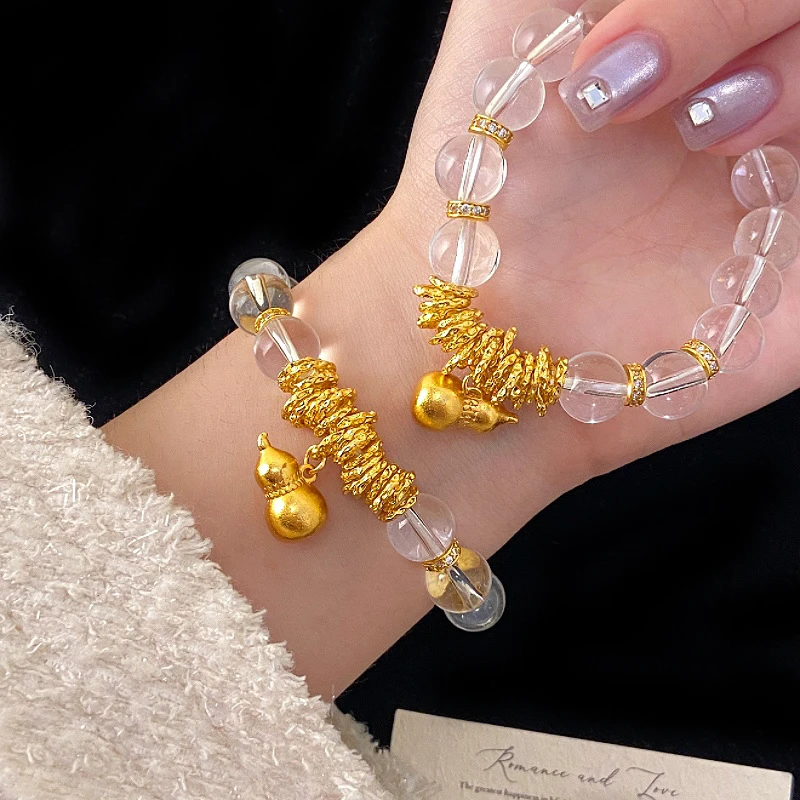 铜合金手链 招财纳福金色葫芦白串珠手链女清冷感新中式手串手饰