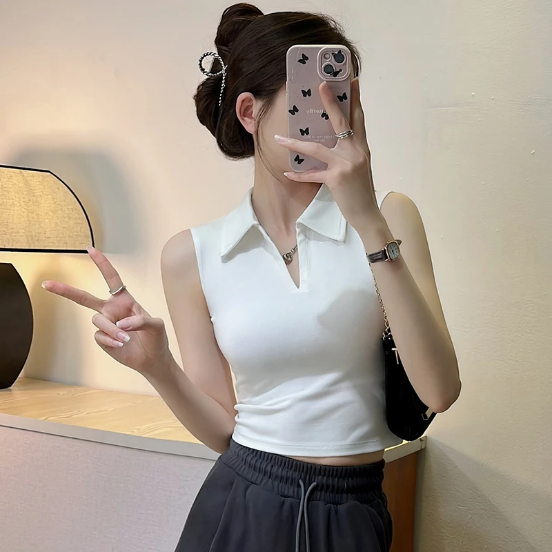 白色polo领无袖背心女夏季新款修身显瘦设计感小众短款高级感上衣