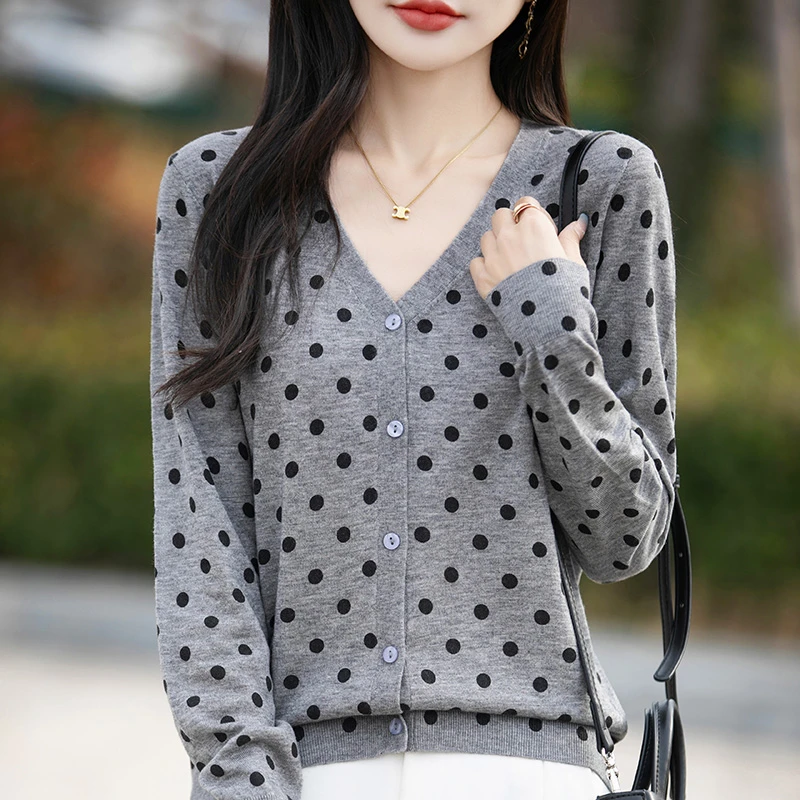 波点·复古浪漫波点时尚百搭精纺针织开衫