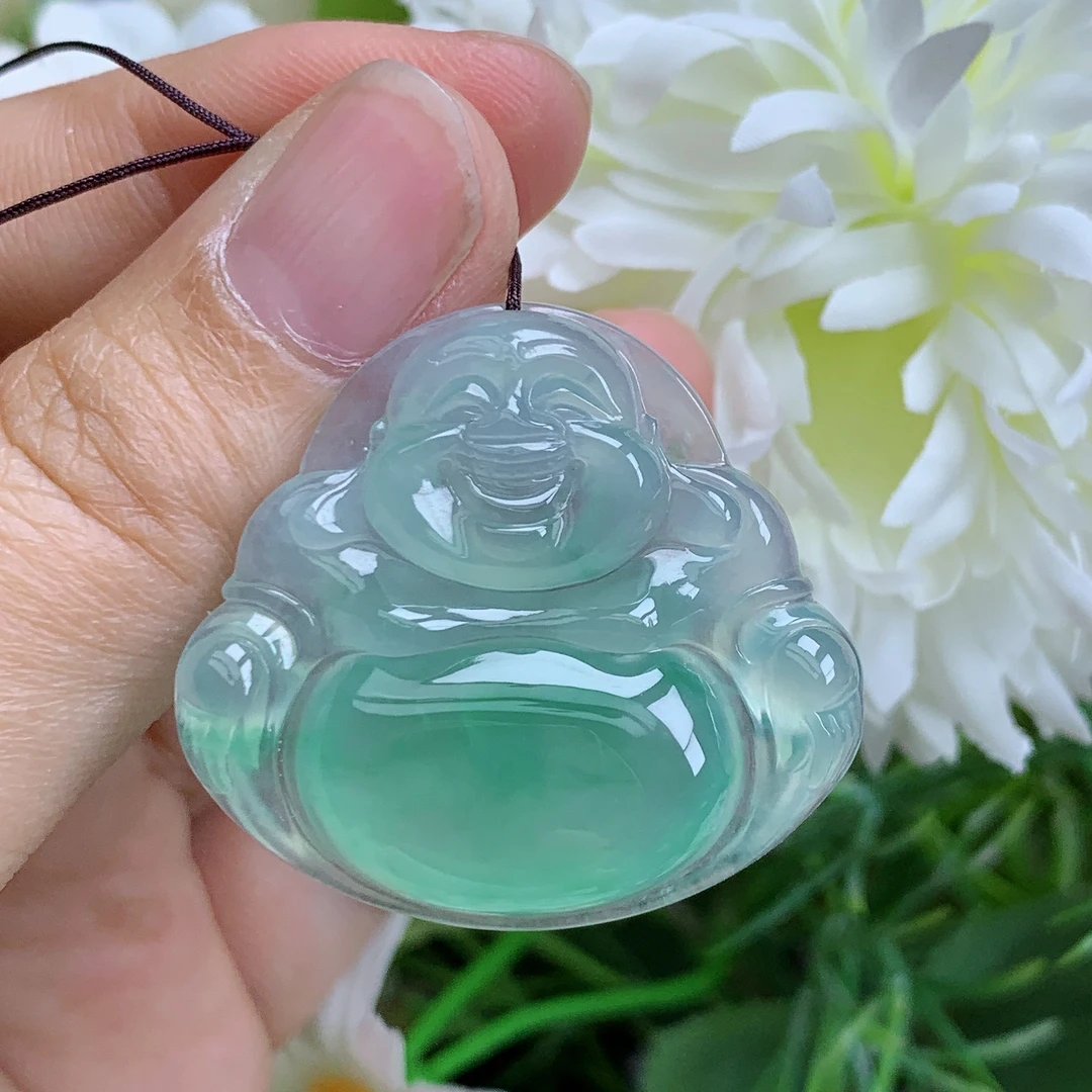 缅甸天然翡翠A货玉石高冰起光阳绿佛公吊坠雪尺寸30.2/33.4/5.9mm