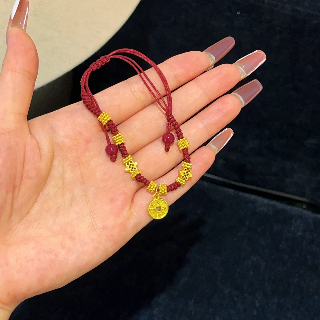 铜合金树脂手链 铜合金 575 时尚国风铜钱红绳手链