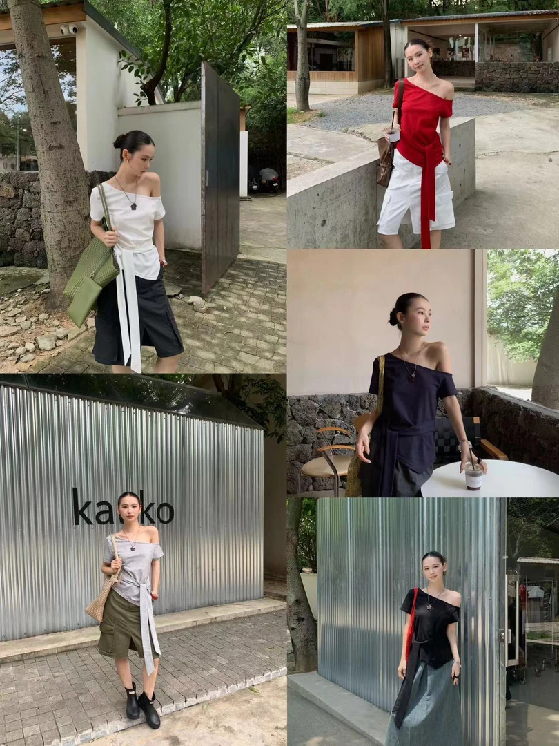 AJ 福（1ajx95309#）喜欢！斜肩飘带休闲短袖T恤 9-2