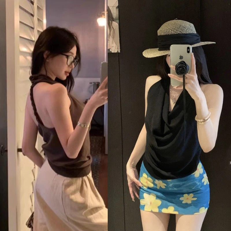 Not Yanggn气质荡领挂脖扭绳设计吊带夏外穿露背设计高级百搭上衣