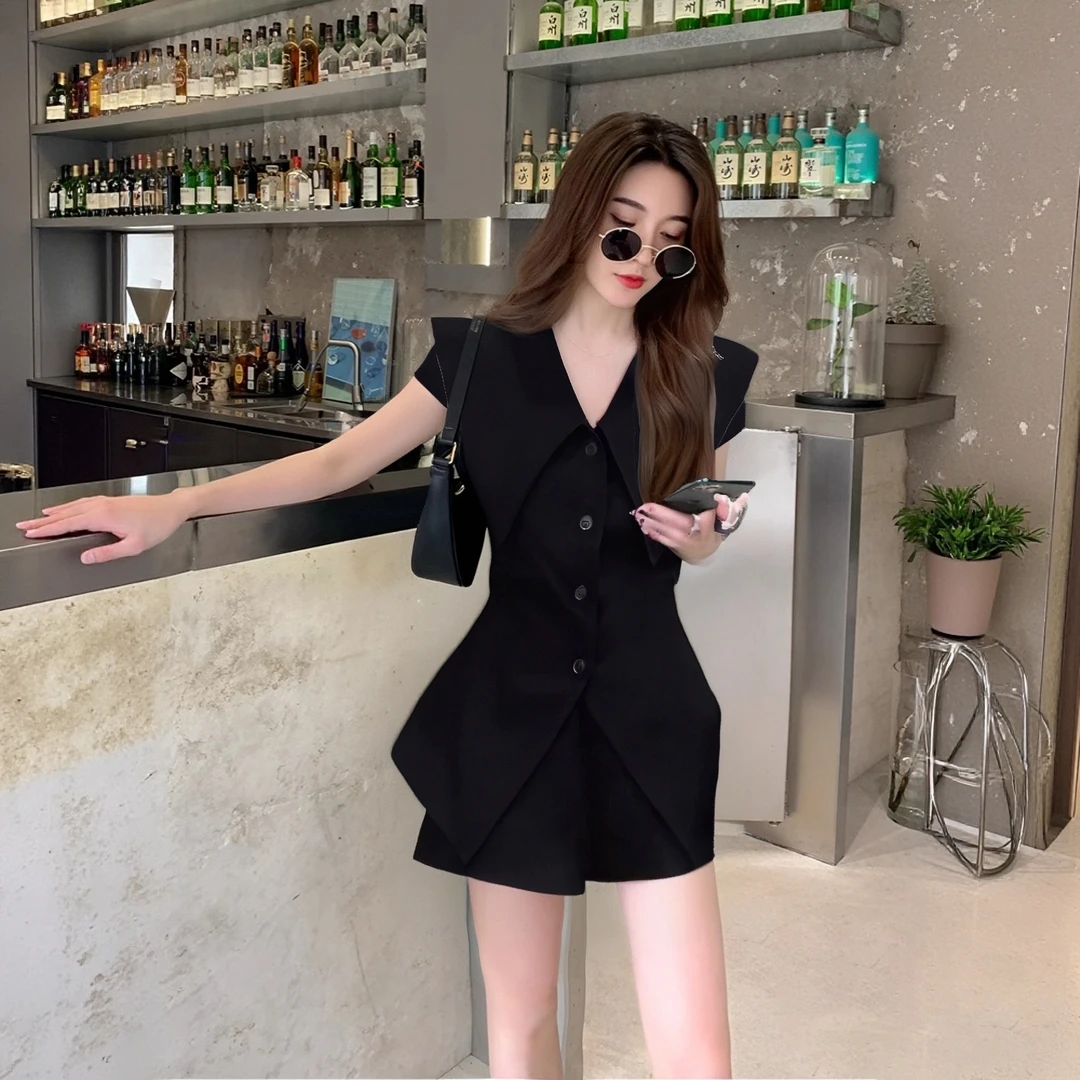A两件套小香风时尚漂亮套装夏季设计感气质翻领外套高腰女装1389