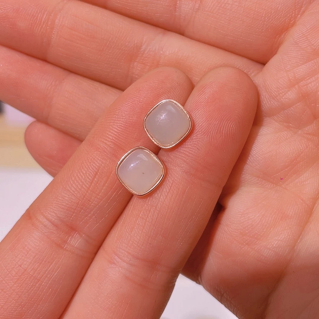 和田玉耳饰银S925镀金镶嵌