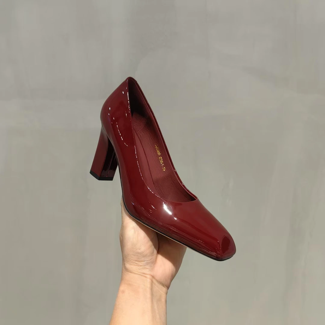 蒂格薇琦 2025新款方头粗跟单鞋漆皮法式高跟鞋工作女鞋 1305999