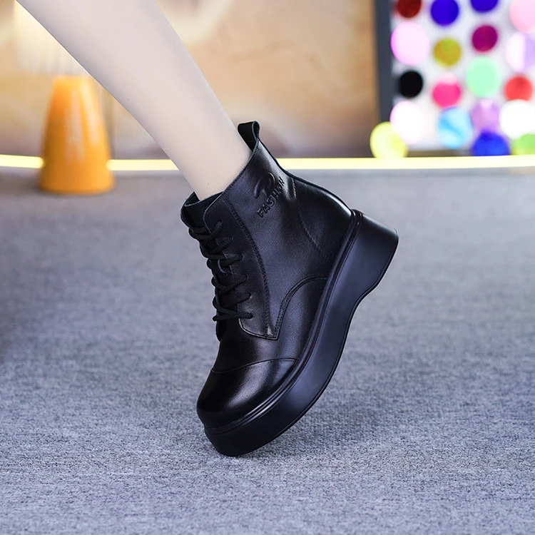 1182-1秋季新款真皮英伦风百搭短靴牛皮圆头松糕厚底休闲马丁靴