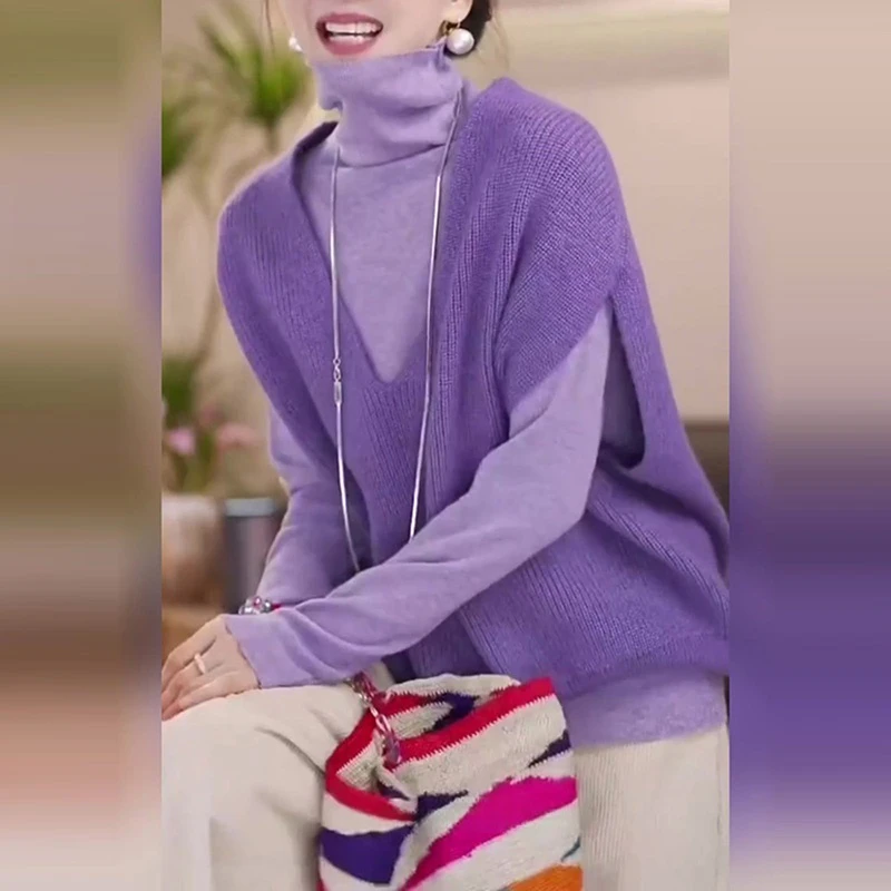 紫色洋气两件套秋装穿搭一整套V领针织衫马甲叠穿打底衫时尚套装