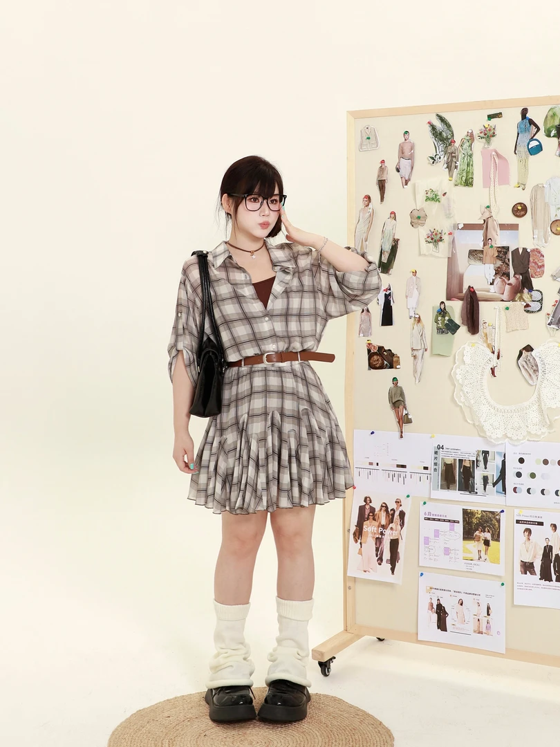 月半鱼【梦想家】长袖ins风气质格纹连衣裙衬衫裙设计感A字裙夏季