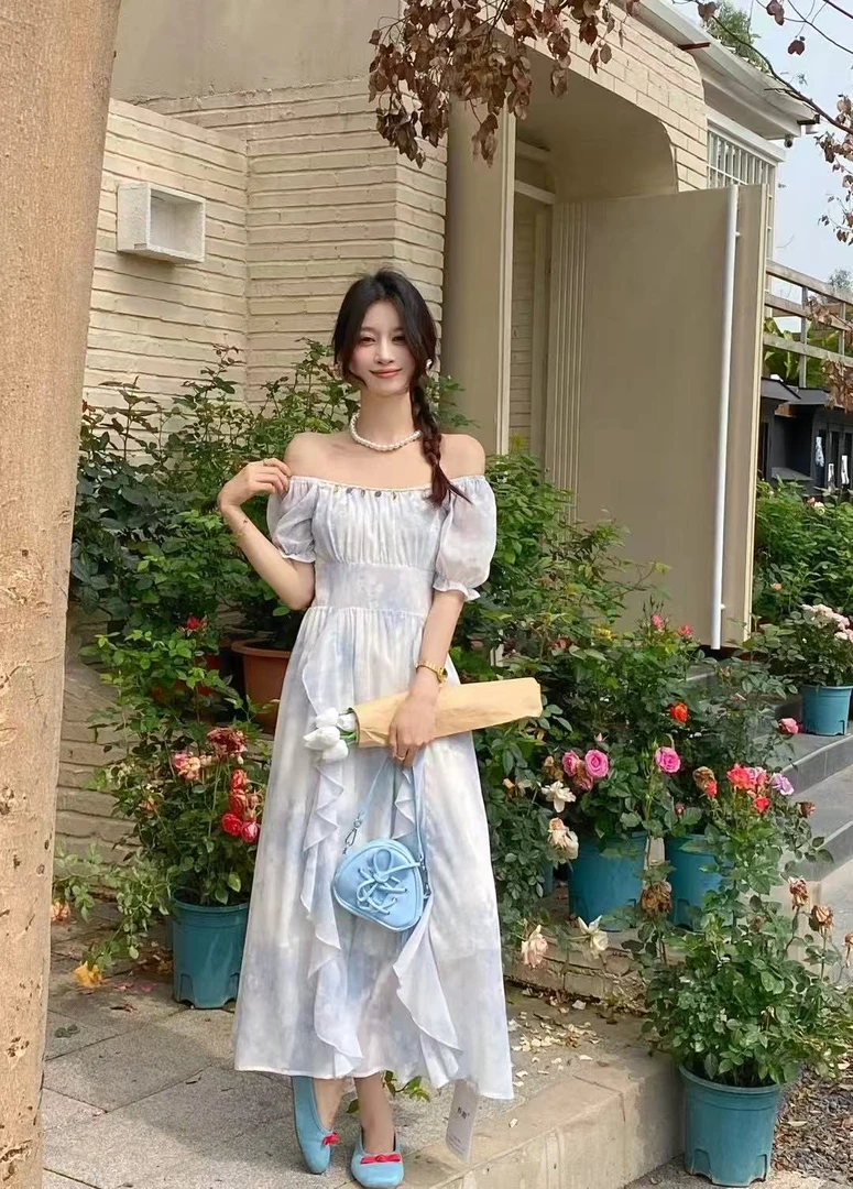 碎花法式长裙常规夏季方领一字肩连衣裙小众长款高质感穿搭