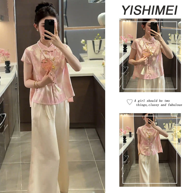 套装女2025年夏季新款爆款气质高级感新中式上衣高腰休闲裤两件套