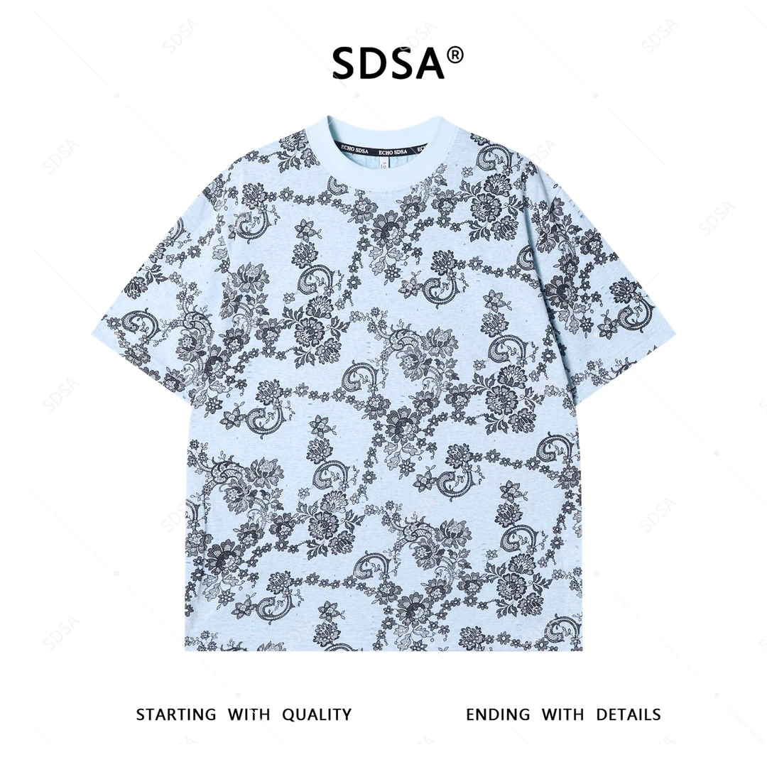 夏季高级感新款男士撞色花卉图案设计短袖T恤时尚轻奢圆领上衣