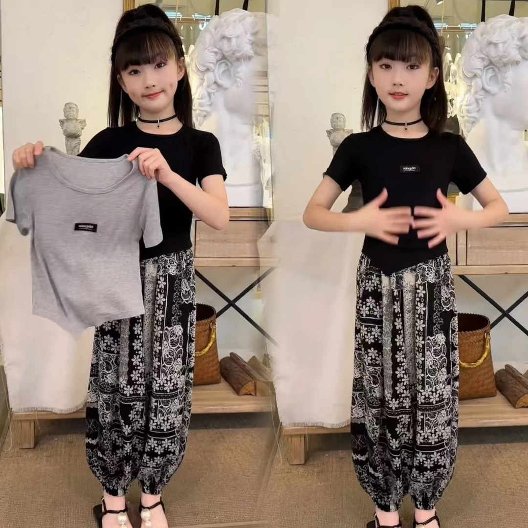女童时髦夏季2025新款时尚休闲洋气不规则T恤防蚊裤中大童套装潮