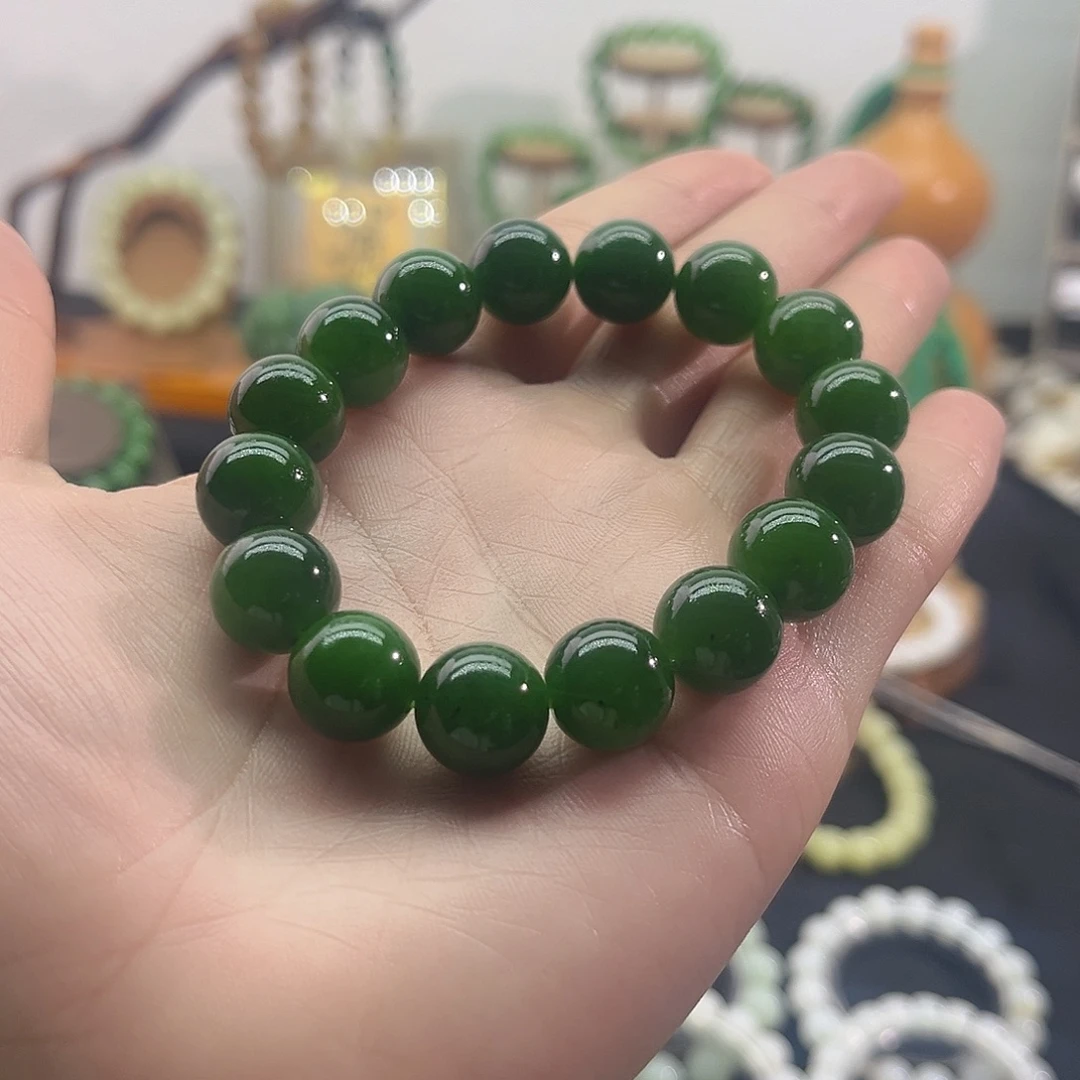 和田玉未镶嵌手串俄碧-菠菜绿手串-13mm