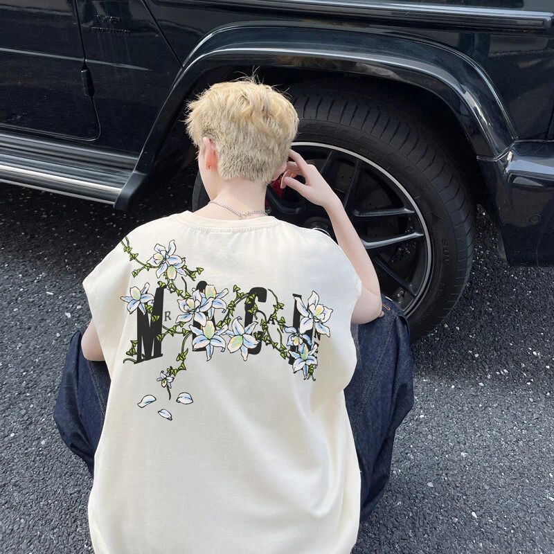 藤蔓花卉印花t恤男款夏季潮牌潮流短袖美式高街复古重磅情侣半袖