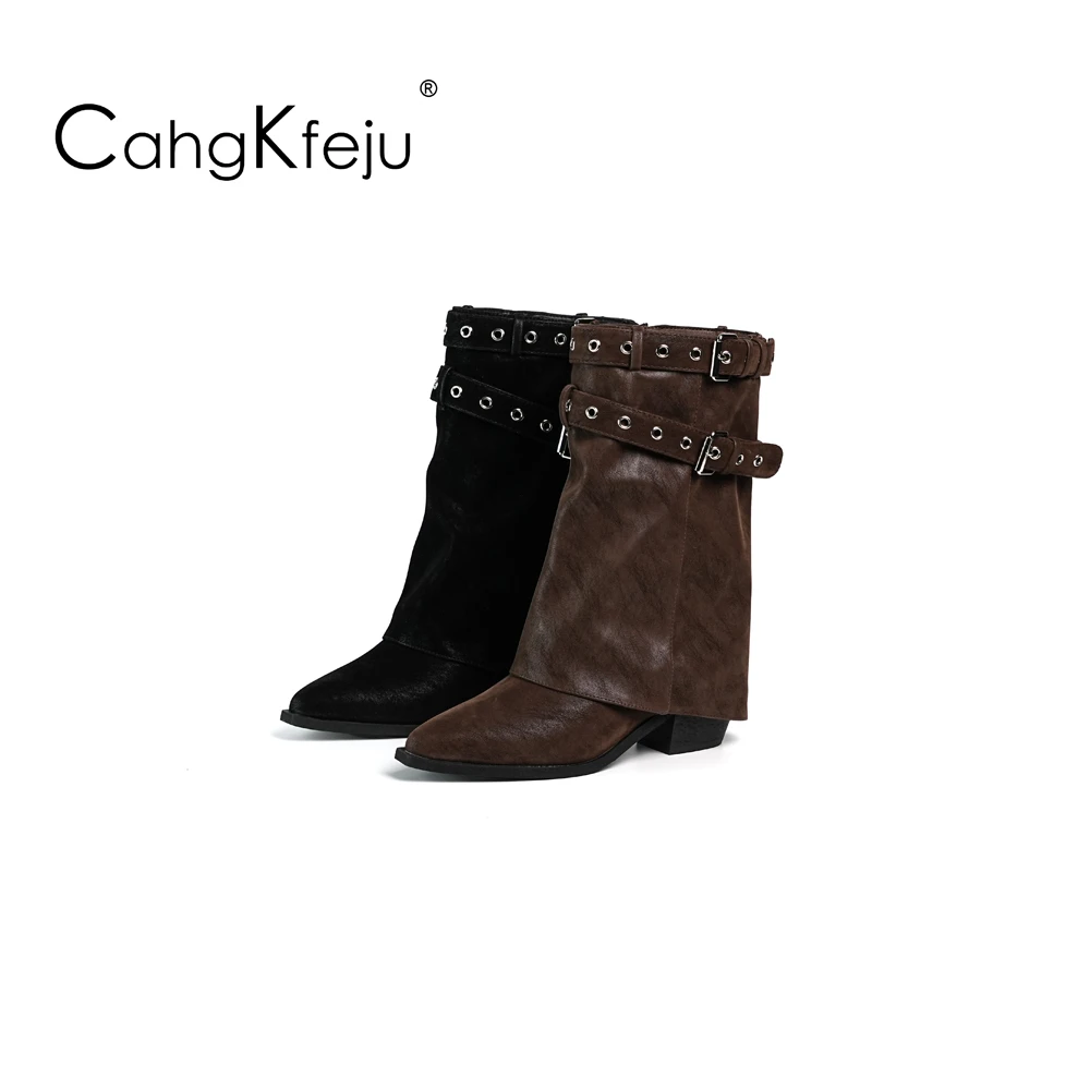 CahgKfeju秋冬新款皮带扣骑士靴女2025时尚潮流百搭休闲裤筒靴女