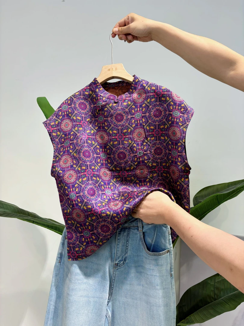 DY2601樱美嘉100桑蚕丝香云纱花萝新中式斜襟立领提花夏季短袖