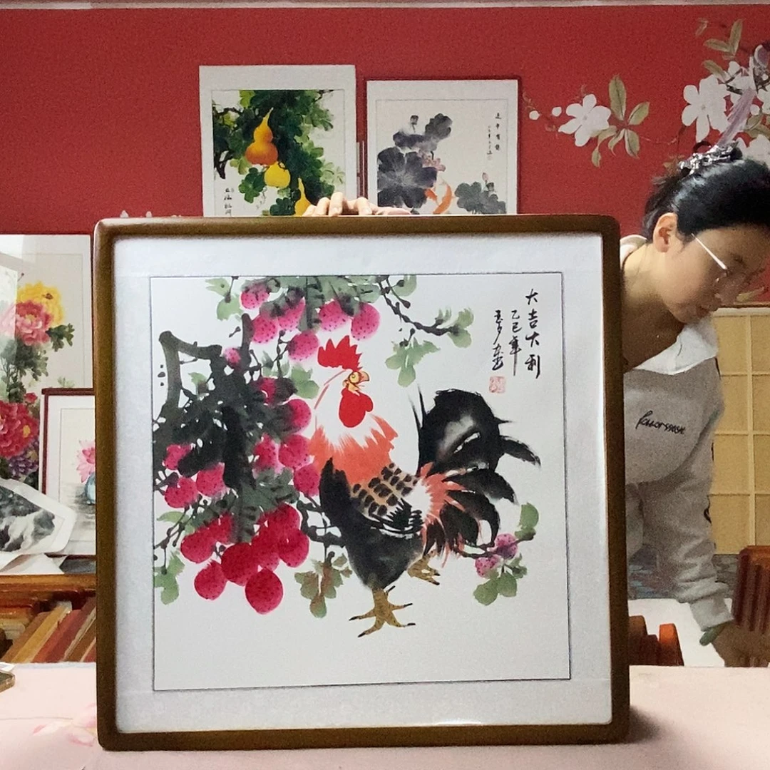 国画手写手绘带框包邮国画作品62✖️62