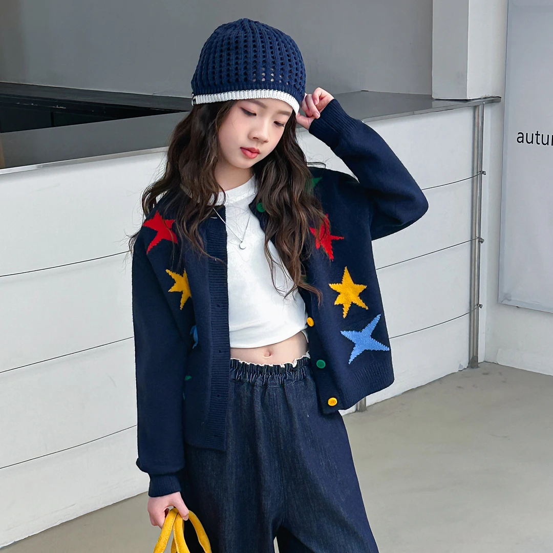 2025秋冬韩版女童新款时髦洋气彩色星星五角星开衫藏青色毛衣外套