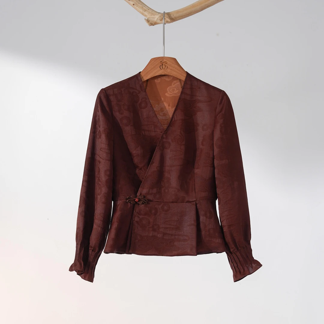 西子/【红莨新梦】23姆米非遗红云纱重磅桑蚕丝V领红色上衣/SYTJ483