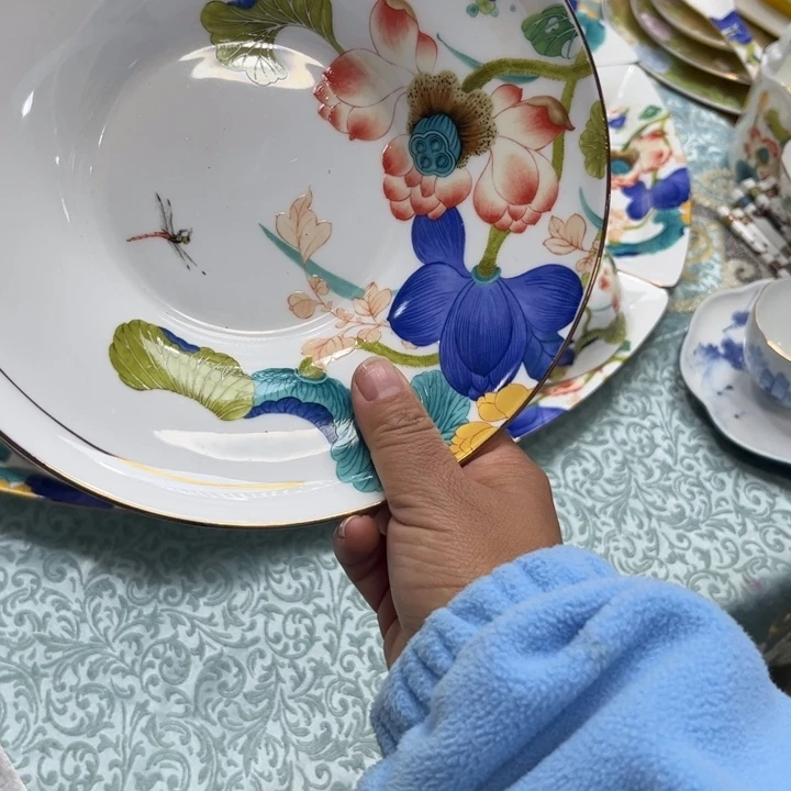 瓷片荷塘草帽深盘两个