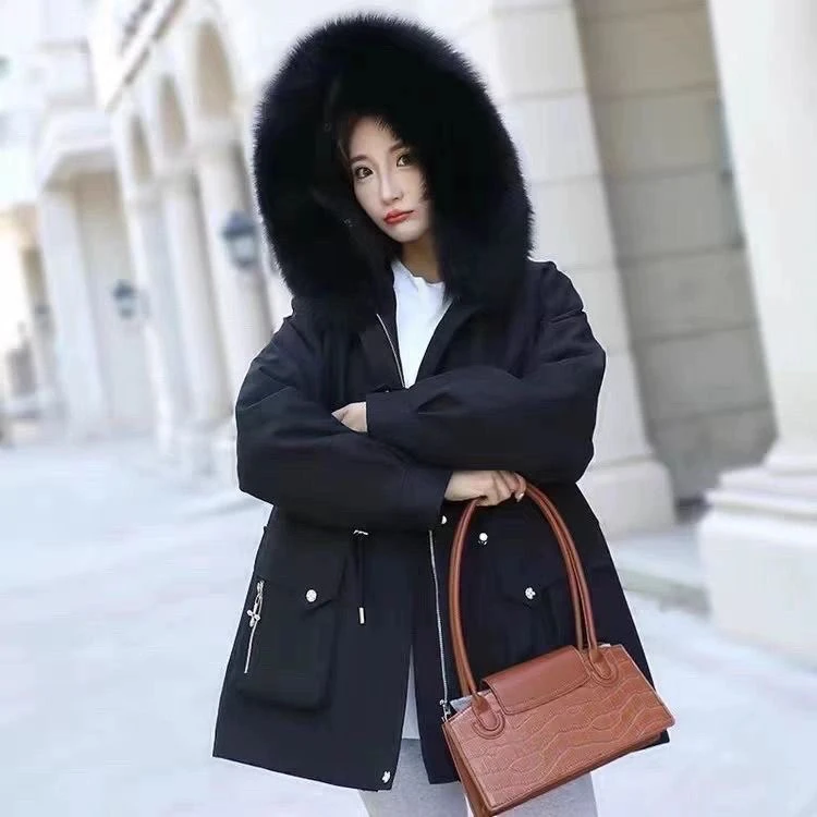 休闲厚款宽松型褶皱冬季大毛领连帽派克服