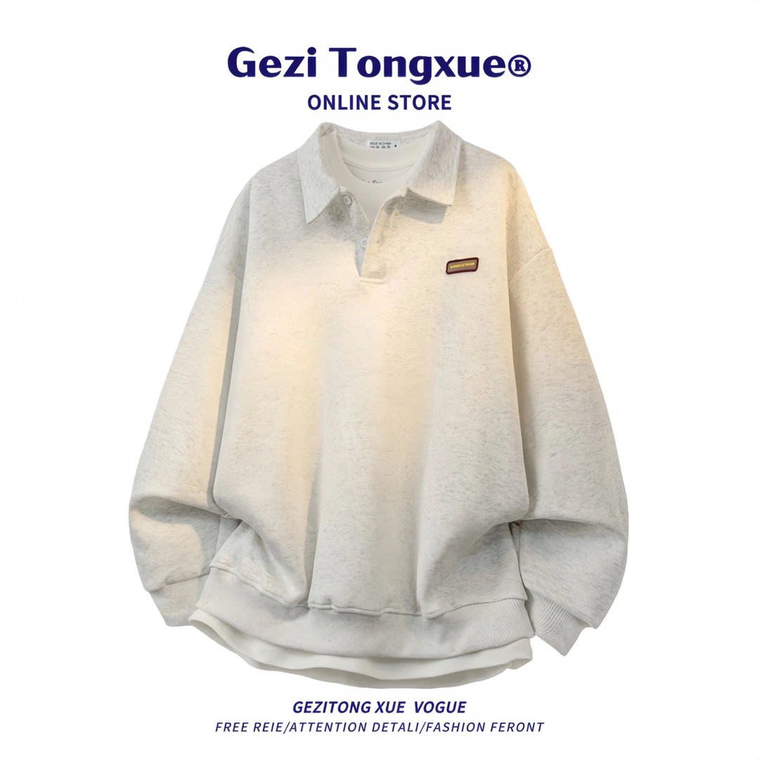 日系简约基础款贴标polo领卫衣男春秋季宽松休闲情侣长袖翻领上衣