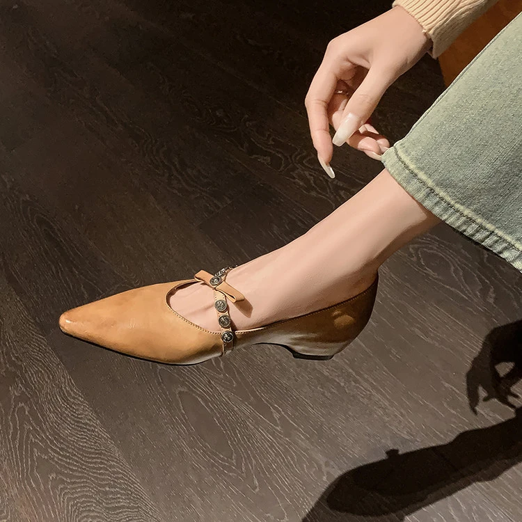 欧洲站2025一字带蝴蝶结小尖头单鞋【内增高5cm】气质时尚百搭女鞋