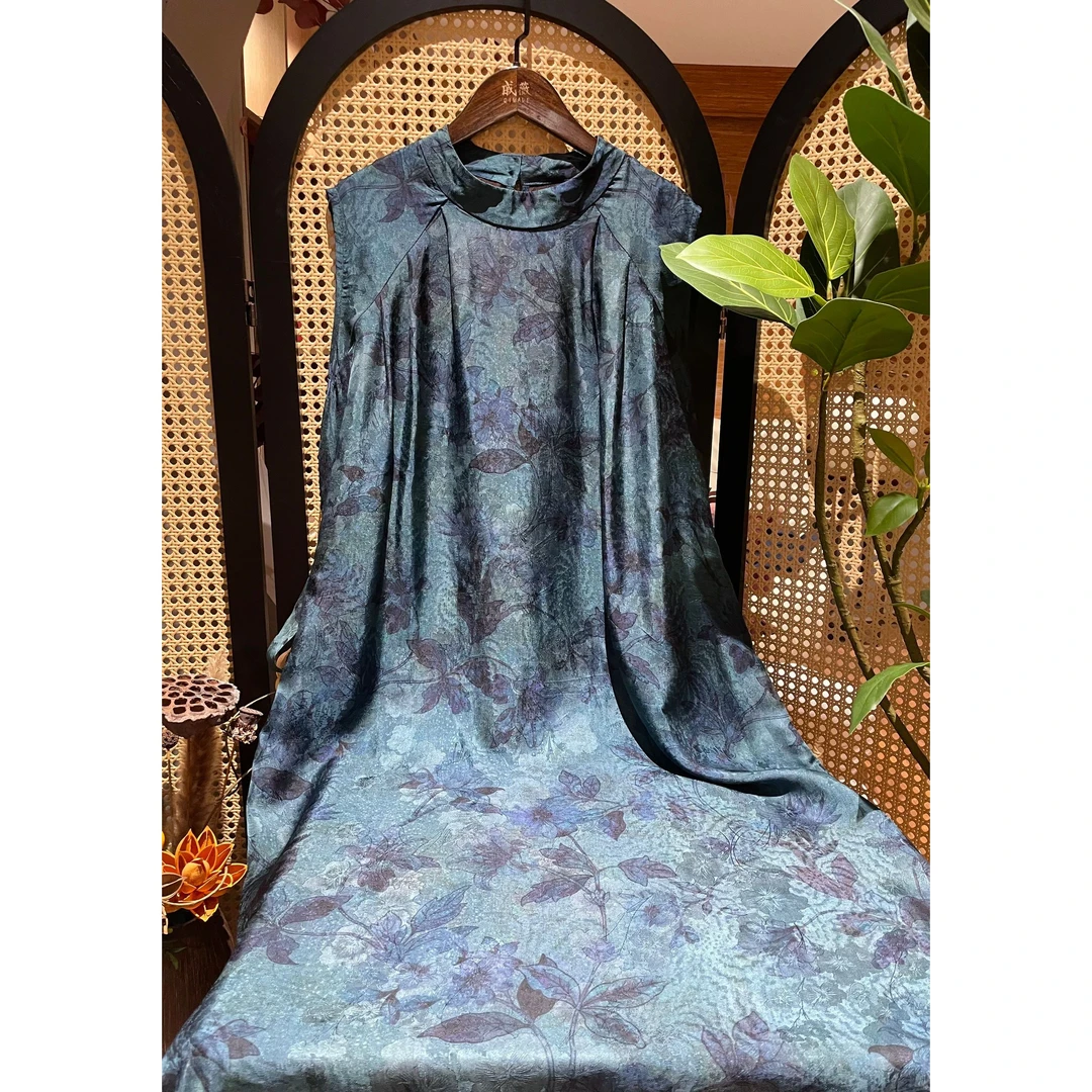 戚薇原创【兰亭序】长118左右新款新中式国风蓝色长款连衣裙