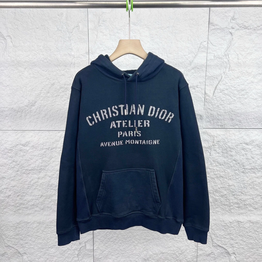 99新 DIOR/迪奥 S码/黑色植绒标语LOGO连帽卫衣/13042611