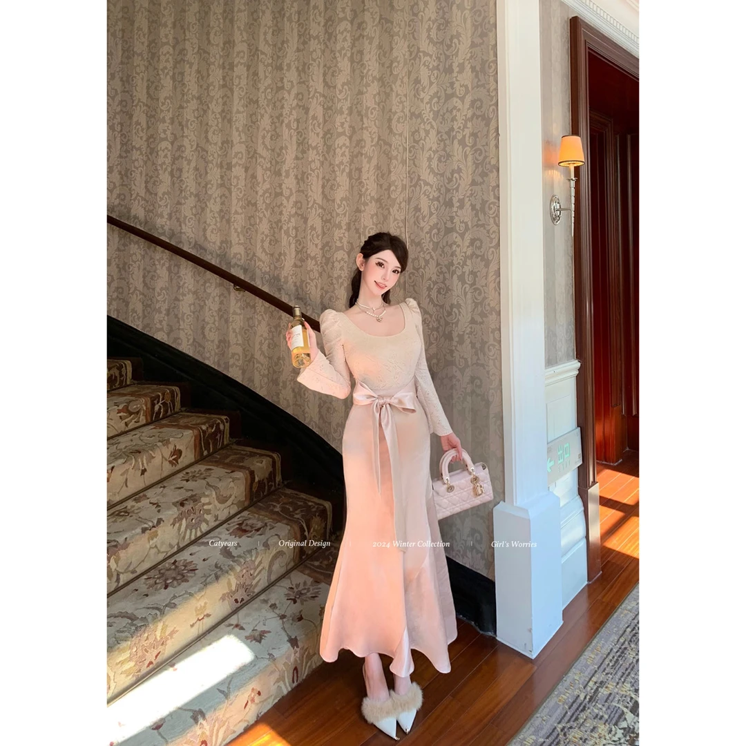 Catyears猫年【清冷芭蕾】方圆领气质连衣裙压褶缎面蝴蝶结鱼尾长裙