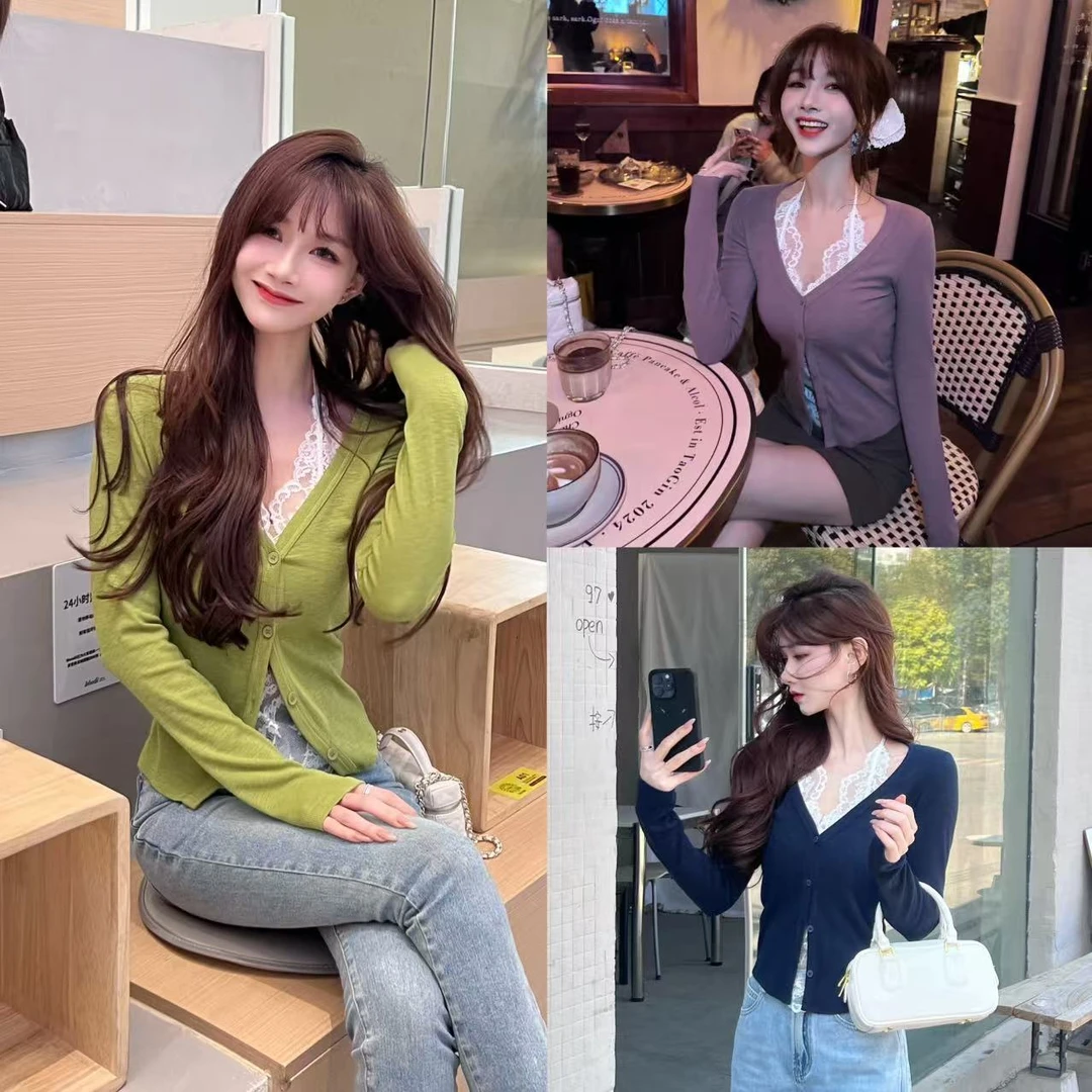 《早春线 纯欲捕手》睫毛蕾丝吊带拼接V领开衫假两件