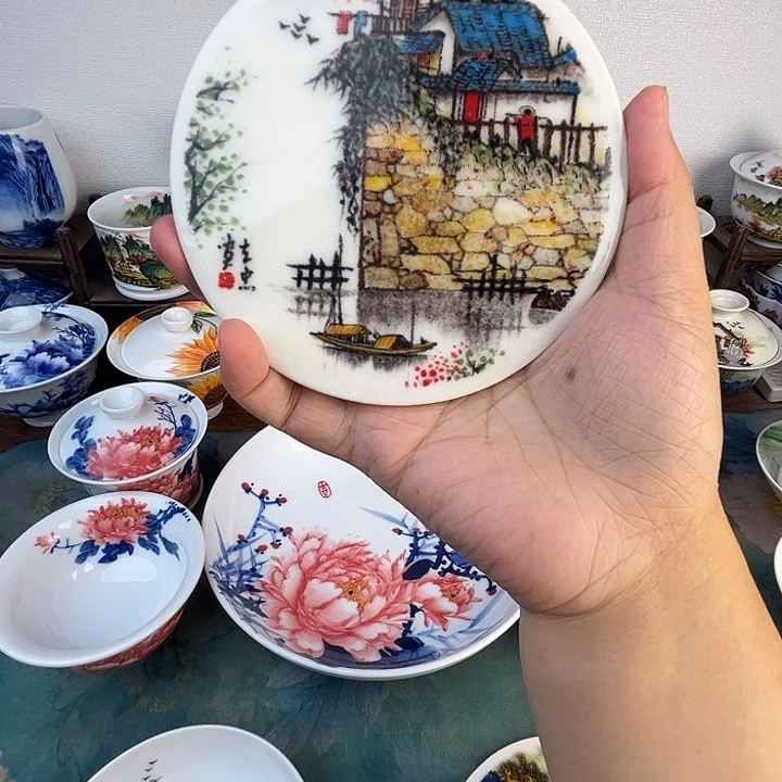 忠意堂釉下彩五彩江南圆瓷板