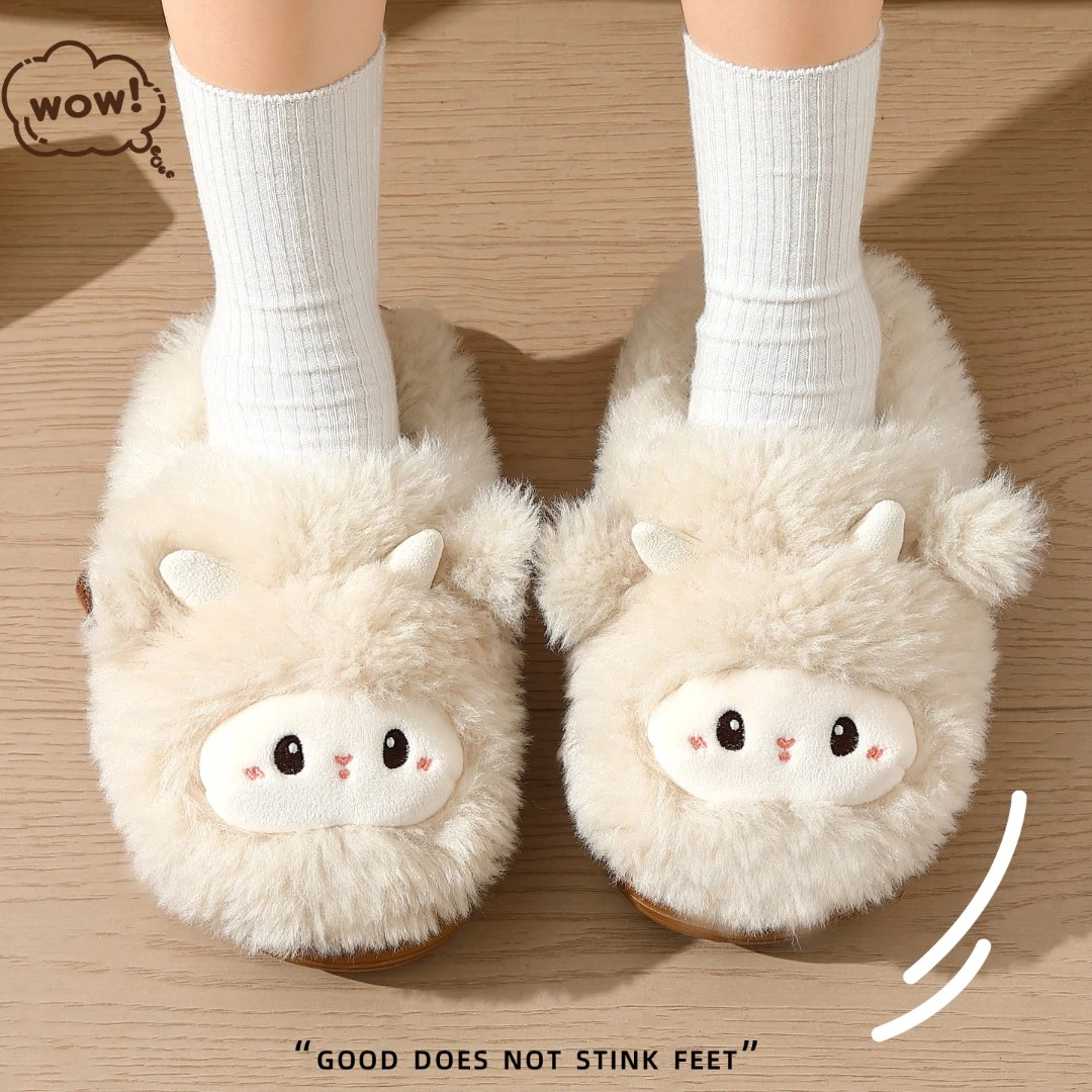 安尚芬可爱小羊拖鞋女款冬季厚底2025新款室内居家防滑毛绒绒拖鞋