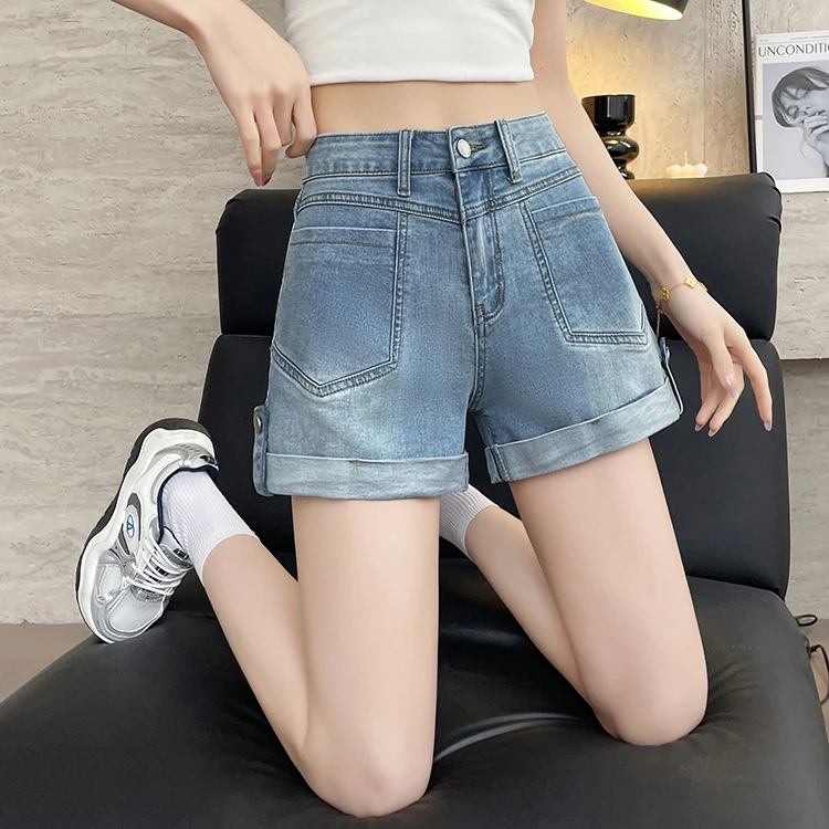 梦冷夏季卷边牛仔短裤女2025新款高腰洋气百搭出门宽松a字短热裤