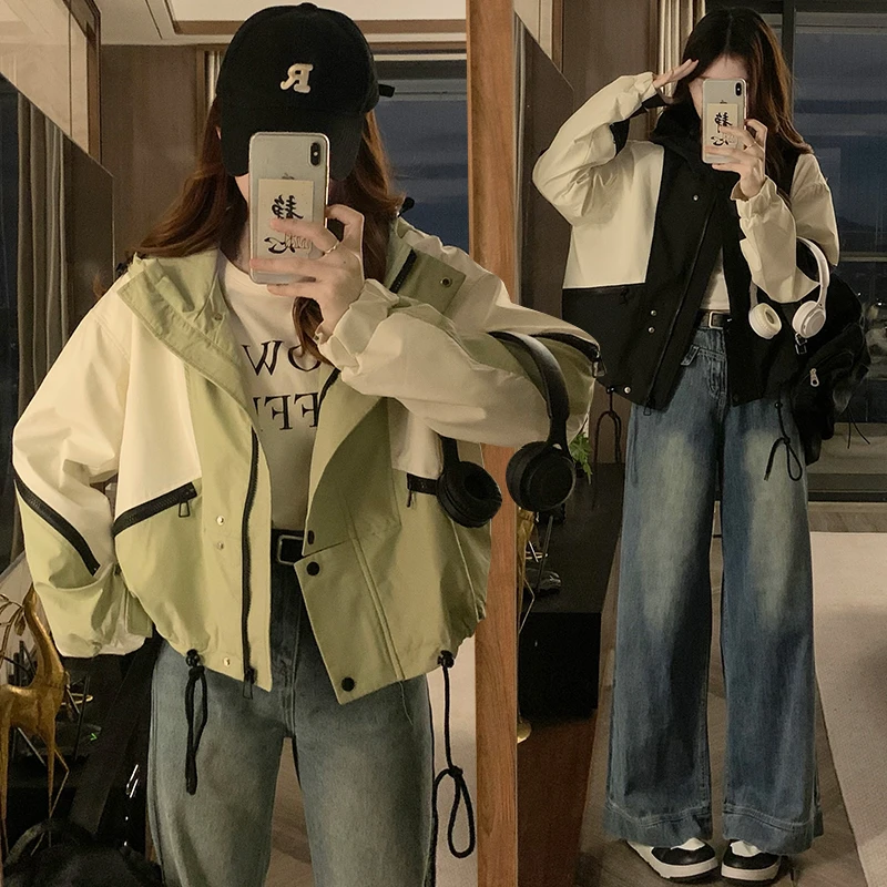 实拍撞色户外连帽冲锋衣新款休闲小个子美式短款外套夹克