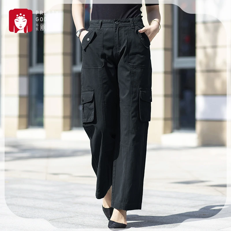 布依丽人阁2025秋季新款纯棉休闲工装裤女高腰直筒长裤子显瘦黑色