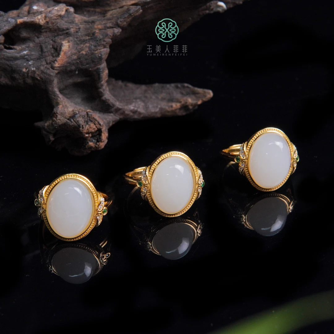 菲菲珠宝好/S925和田玉蛋面戒指约14*11mm/多样性发一