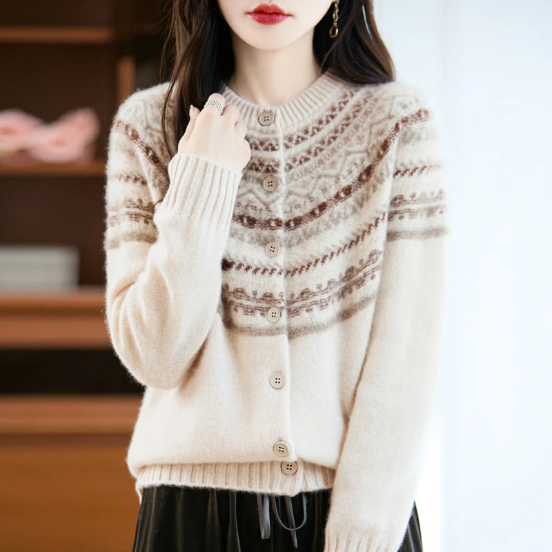 秋冬加厚系扣开衫100纯羊毛针织衫圆领长袖毛衣费尔岛外套DMR398