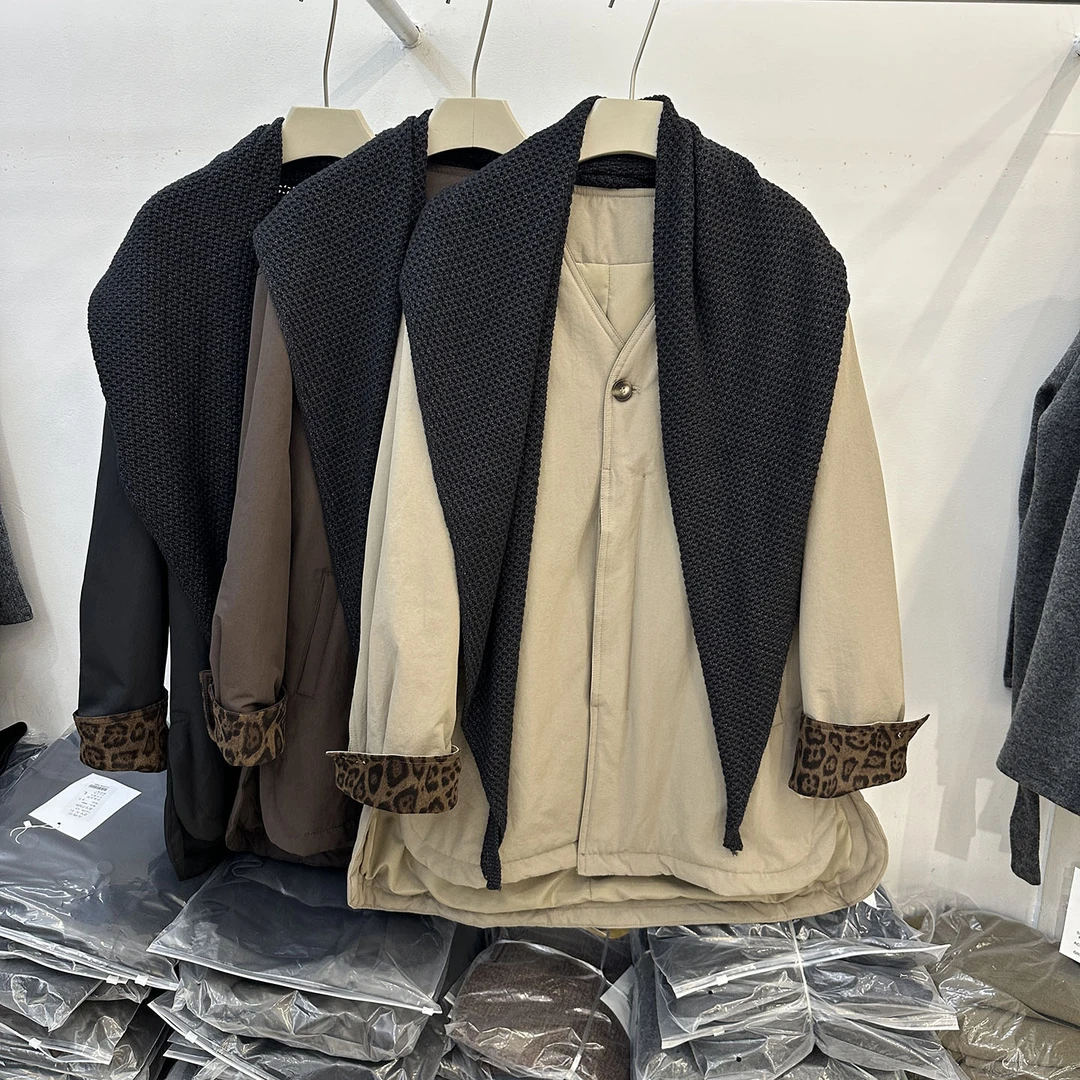 中长款棉服女2025秋冬新款韩版设计感豹纹袖口宽松百搭披肩外套潮