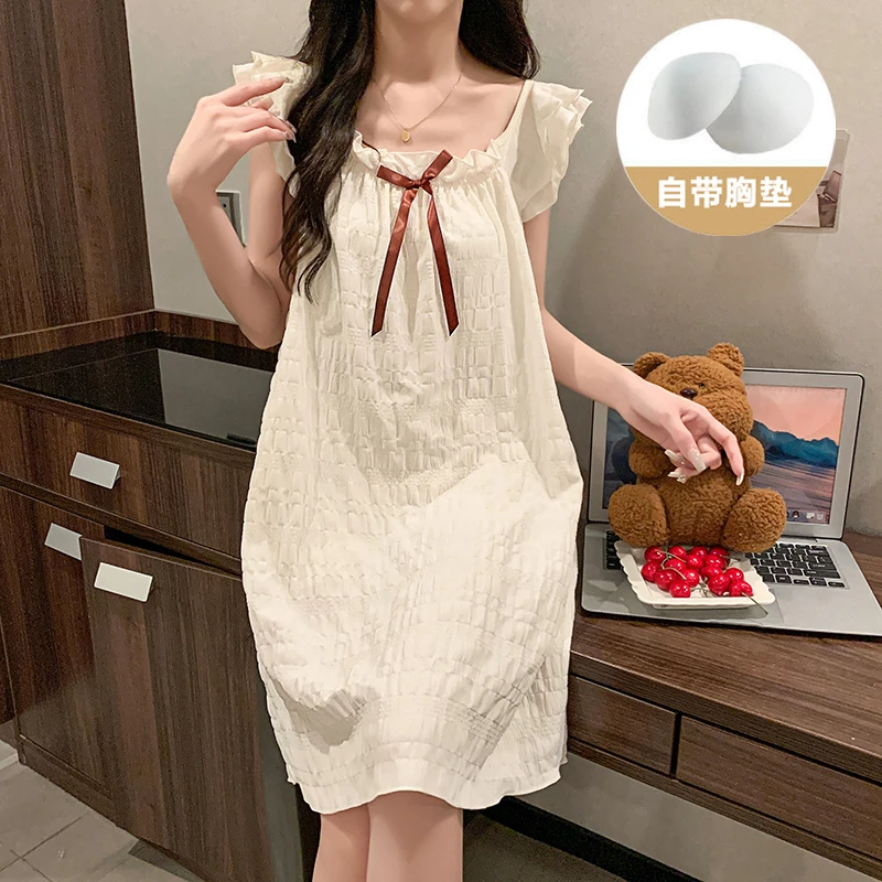 2025年夏季新款带胸垫简约小飞袖蝴蝶结睡裙夏天云朵棉家居服少女