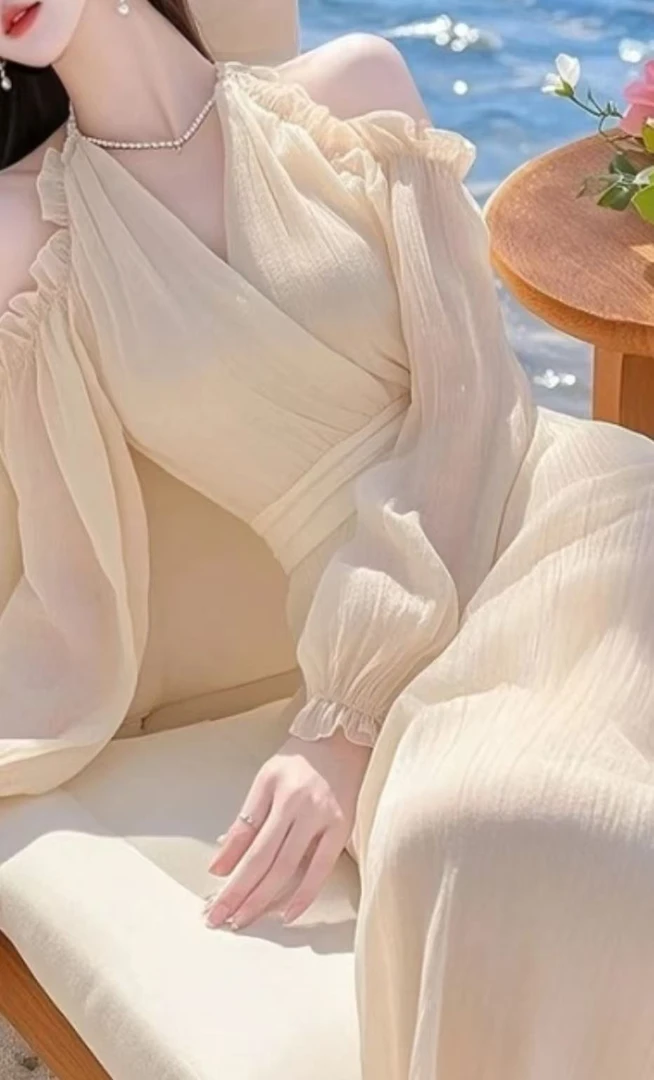 L932杏新款法式高级感气质大方得体度假风绝美杏色雪纺连衣裙子