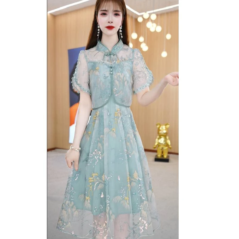 25A108-10【半山逸境】旗袍领优雅气质简约修身中长款连衣裙M-4XL