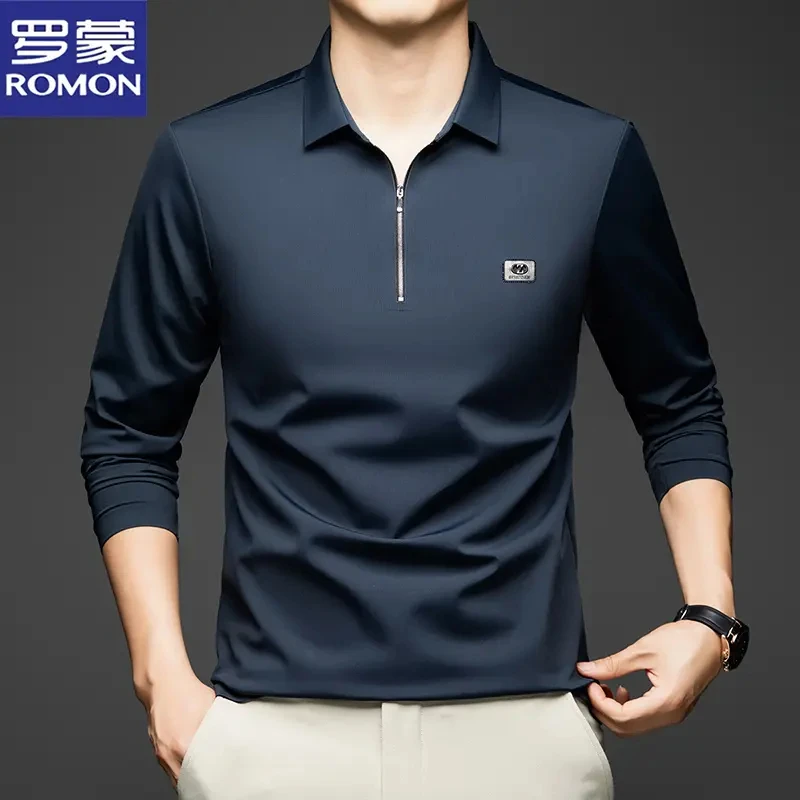罗蒙薄款休闲翻领时尚潮流长袖16POLO衫高档百搭无痕高级感T恤衫