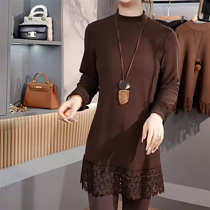 设计感蕾线下摆拼接半高领长袖打底衫女2025新款冬季百搭内搭上衣