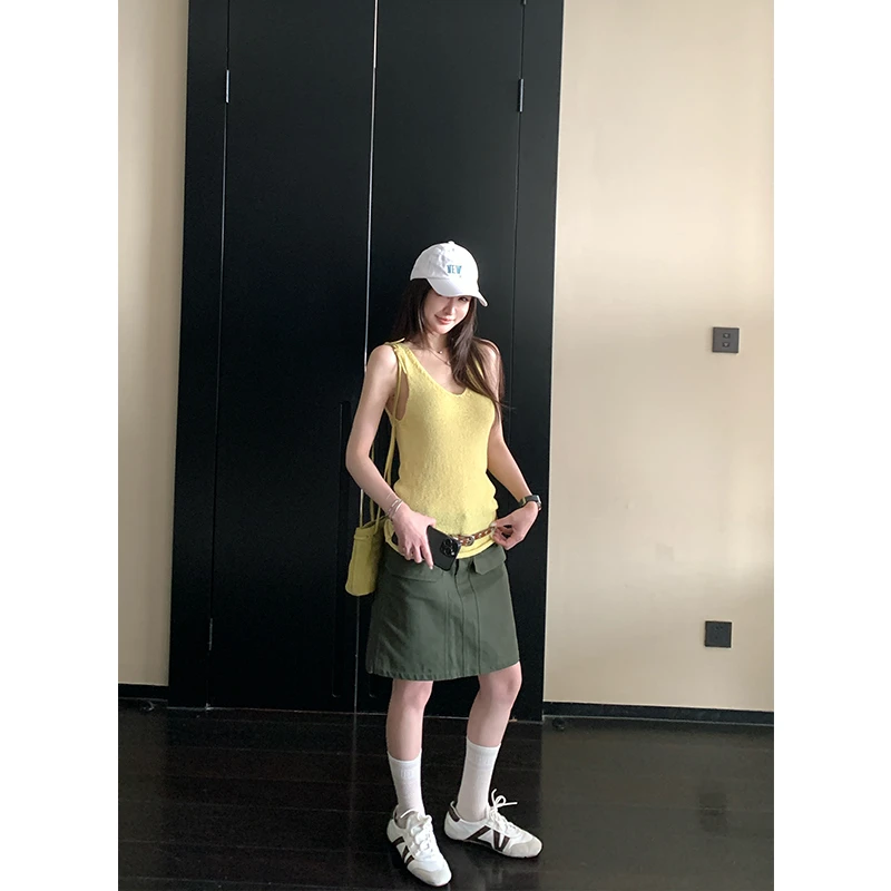 SKK Store 工装soul 珠地纹理复古美式口袋工装短裙A字半身裙